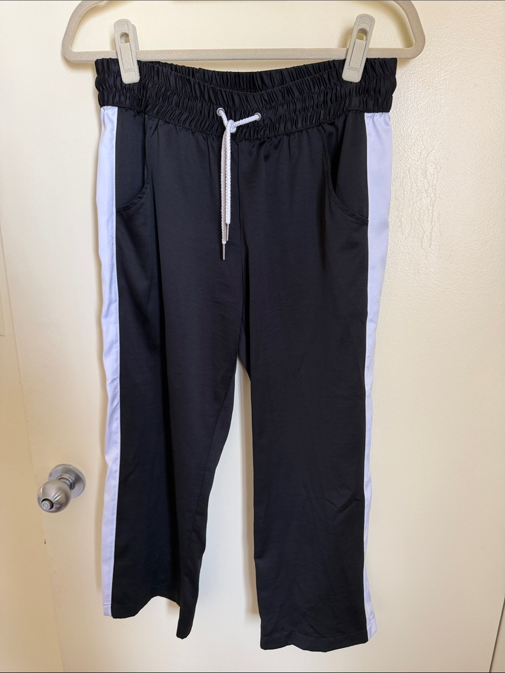 Black silky cropped trouser pants with White Side Stripes